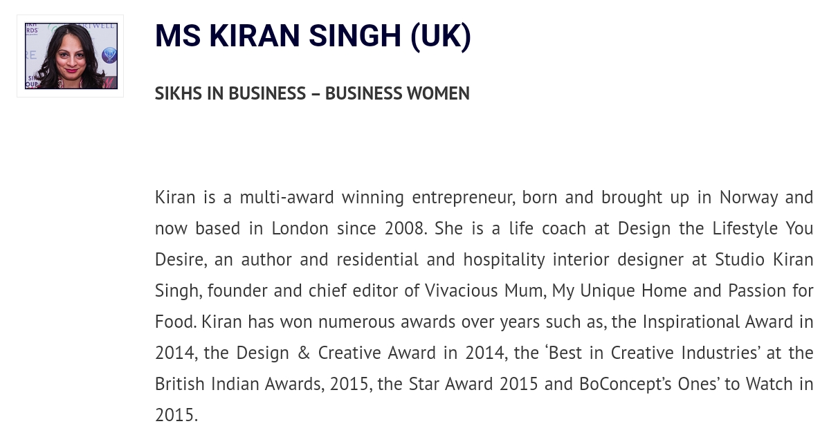 Kiran Singh winner - Sikh Awards 2016